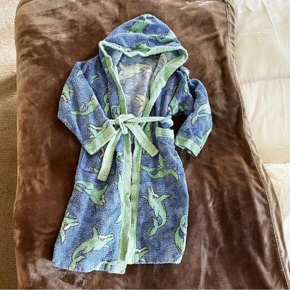 Kids Shark Print Hooded Robe - Blue and Green Dolphins with Pockets Size 6 - Picture 2 of 12